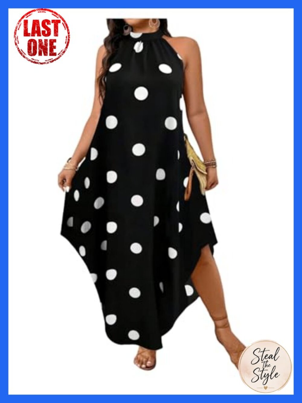 Plus Size Polka Dot Halter Maxi Dress Asymmetrical Sleeveless Summer